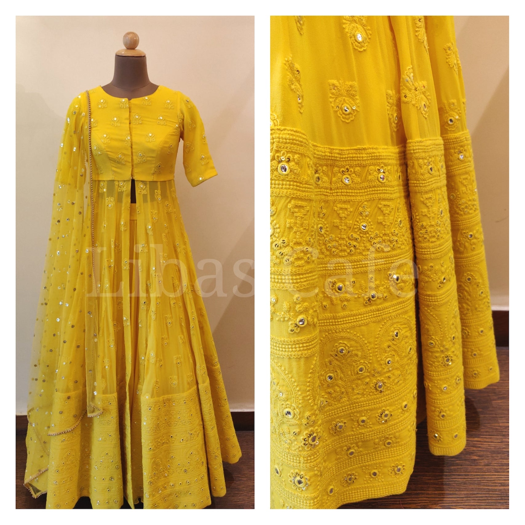 Yellow Mirror Embroidered Lakhnavi Anarkali With Lehenga